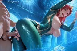 1boy 1girl ai_generated aquaman_(series) ass blue_eyes bodysuit breasts breasts_outside erection hetero hi_res high_quality high_resolution large_breasts long_hair male_pubic_hair mera nipples open_mouth patreon penis pubic_hair red_hair seductive sex sex_from_behind sexy solo_focus spicytoonai torn_clothes uncensored vaginal watermark
