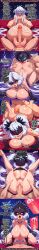 1boy 1girl ahegao ai_generated areolae ass big_breasts black_gloves blindfold comic cowgirl cum cum_inside cum_on_body cum_on_breasts english_text female full_color gloves huge_breasts long_hair mask missionary multiple_panels naked nipples nox_(smite) nude penetration pussy rampa69 sex smite speech_bubble sweat uncensored vaginal_penetration white_hair