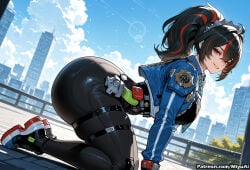 1girl ai_assisted ai_generated ass black_hair blue_sky bodysuit breasts building city cityscape cloud curvaceous curvy curvy_female curvy_figure day female jacket large_breasts lens_flare long_hair looking_at_viewer looking_back miyuai multicolored_hair outdoors ponytail red_eyes sky skyscraper smile solo thick thick_ass thick_butt thick_hips thick_legs thick_thighs voluptuous voluptuous_female wide_hips wide_thighs zenless_zone_zero zhu_yuan