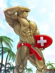 3:4 anthro armpit_hair beach bear body_hair brown_bear clothed clothing combat_cat_studio genitals hi_res iudicium86 lifeguard low-angle_view male mammal muscular outside palm_tree penis plant pubes solo speedo speedo_only swimwear topless tree ursine vladimir_(wild_assault) wild_assault