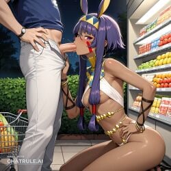 1girl ai_assisted ai_generated animal_ears big_butt blowjob blue_shirt blush bracelet bracer clothed clothing couple cowboy_shot dark_skinned_female deep_throat earrings facial_mark fellatio female from_side girl girly green_eyes grocery_store hair_between_eyes hairband hoop_earrings jewelry kneeling long_hair looking_at_viewer navel night nitocris_(fate) oral outdoors purple_eyes purple_hair revealing_clothes shopping_cart short_hair sidelocks small_breasts smug solo spreading_legs squating sucking_penis white_leggings whore younger_female
