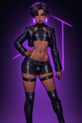 ai_generated black_clothes black_hair crotch_bulge dark-skinned_femboy dark-skinned_male dark_skin femboy fishnets halter_top hand_on_hip knee_boots leather_jacket leather_skirt open_mouth penis_bulge purple_eyes