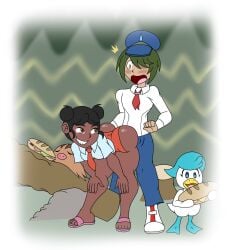 1boy 1girls aoi_(pokemon_sv) black_hair dark-skinned_female dark_skin flip_flops flirting flirting_look flirty green_hair hair_bun juliana_(pokemon) pokemon pokemon_sv pokemon_trainer quaxly sandwich short_shorts smile smiling suprised suprised_expression suprised_look swinub tease teasing teasing_penis twerking twerking_position