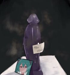 absurdres after_fart aqua_hair blue_eyes closed_mouth commentary dildo english_text fart fart_cloud fart_fetish farts hair_between_eyes hatsune_miku highres long_hair looking_at_viewer photo_(object) sex_toy smile somang tally vocaloid