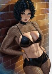 1girls abs absolute_dc absolute_zatanna absurd_res absurdres against_surface against_wall athletic athletic_female big_breasts black_choker black_hair black_shrug black_stockings blue_eyes bra breasts brick_wall busty child_bearing_hips choker cleavage clothed clothed_female clothing curly_hair dandon_fuga dc dc_comics female female_abs female_focus female_only fishnet_shrug fishnet_stockings fishnets fit fit_female hands_on_hips hands_on_own_hips high_resolution highres hips justice_league large_breasts large_filesize leaning leaning_against_wall leather_shorts light-skinned_female light_skin looking_at_viewer magic_user magical_girl magician minishorts navel perky_breasts short_hair shorts shrug_(clothing) slim_girl slim_waist solo solo_female solo_focus stockings stomach thick_thighs thighs toned toned_body toned_female toned_stomach very_high_resolution wall wall_(structure) wide_hips zatanna zatanna_zatara