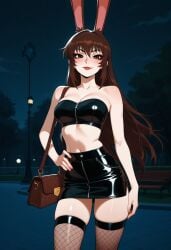 1girls ai_generated bandeau implied_prostitution latex latex_bandeau latex_clothing looking_at_viewer midriff night prostitution rwby shiny_hair shiny_skin skirt solo solo_female tagme velvet_scarlatina