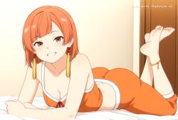 1girl ai_assisted ai_generated anime_screencap anklet bare_shoulders barefeet bedroom brown_eyes cleavage curvy_body detailed_feet eyes_half_closed feet_up grin looking_at_viewer narrow_waist orange_hair petite prone_position round_ass small_breasts soft_breasts tassel_hair_ornament the_pose tired wide_hips