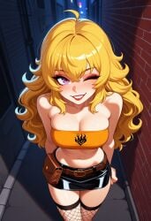 1girls ai_generated bandeau implied_prostitution latex latex_clothing looking_at_viewer midriff night prostitution rwby shiny_hair shiny_skin skirt solo solo_female tagme yang_xiao_long