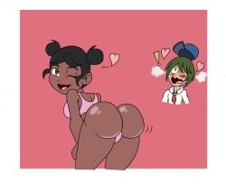 1boy 1boy1girl 1girls aoi_(pokemon_sv) ass ass_focus blush blushing butt butt_focus dark-skinned_female dark_skin hair_bun heart heart_symbol juliana_(pokemon) pink_underwear pokemon pokemon_sv pokemon_trainer smile smiling smiling_at_viewer wink winking_at_viewer