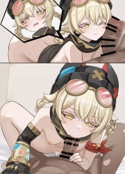 1boy 1girl bar_censor black_headwear black_scarf blonde_hair blush braid breasts clothing erection eyewear eyewear_on_head fellatio female genshin_impact gloves goggles goggles_on_head hat hetero jahoda_(genshin_impact) looking_at_viewer male multiple_views nipples nude one_eye_closed open_mouth oral penis penis_on_face pussy scarf se34tai sex small_breasts solo_focus tinted_eyewear twin_braids yellow_eyes