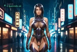 1girl ai_assisted ai_generated arm_tattoo armor asian bare_shoulders belt black_bodysuit black_hair city cityscape clouds cowboy_shot crotchless curvy dark_theme detailed_pussy elbow_gloves fishnets gloves high_contrast kagami_hirotaka koukawa_oboro looking_at_viewer neon_lights night night_sky outdoors realistic soft_shading taimanin_asagi_zero taimanin_suit thigh_gap visible_pussy