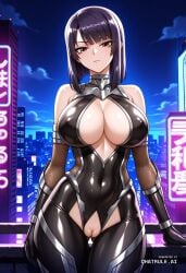 1girl ai_assisted ai_generated armor bare_shoulders black_bodysuit city cityscape clouds cowboy_shot crotchless curvy dark_theme detailed_pussy dynamic_lighting elbow_gloves fishnets gloves high_contrast kagami_hirotaka koukawa_oboro looking_at_viewer neon_lights night night_sky outdoors soft_shading taimanin_asagi_zero taimanin_suit thigh_gap visible_pussy