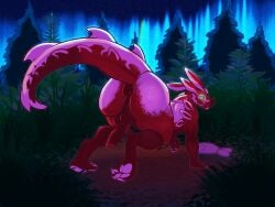 4:3 absurd_res all_fours anthro aurora_(phenomenon) backsack balls big_butt butt electronic_arts fish_meat food forest genitals grass green_eyes hi_res humanoid_genitalia humanoid_penis looking_at_viewer looking_back looking_back_at_viewer male meat parazyte666 penis plant presenting presenting_hindquarters prowler_(titanfall_2) respawn_entertainment scales solo surprised tail titanfall tree