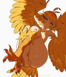 1girls ahoge blonde_hair dokibird green_eyes harpy harpy_girl head_wings indie_virtual_youtuber looking_at_viewer small_breasts talons unreal_fish vtuber wings