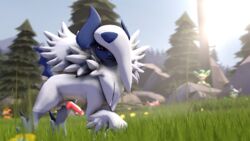 1boy 2017 3d absol animal_genitalia animal_penis balls canine canine_penis deerling eeveelution erection feet feral fur furry grass hair_over_one_eye horn knot leafeon looking_at_viewer male male_only mammal mega_absol mega_evolution nintendo nude outdoors paws penis pixik pokemon pokemon_(species) pokemon_bw pokemon_dppt pokemon_rse pokemon_xy sheath solo_focus source_filmmaker testicles tumblr video_games white_fur white_hair wings