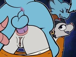 2026 4:3 absurd_res american_opossum anal anal_penetration anthro anus backsack balls butt clitoris drake_(cobalt_core) duo ear_piercing female genitals gynomorph gynomorph/female hi_res intersex intersex/female kobold mammal marsupial otterjunk penetration piercing prehensile_tail rear_view riggs_(cobalt_core) scalie tail tail_wrapped_around_leg virginia_opossum vulva