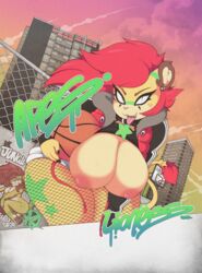 apes basketball bent_over big_breasts breasts clothed clothing detailed_background ear_piercing fangs feline female graffiti hair hoodie huge_breasts lion mammal nipples piercing red_hair slightly_chubby smutbunny thick_thighs tongue wide_hips