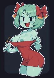 1girl 1girls ai_generated civitai curvy dress dress_pull fang flashing_breasts ghost_girl green_hair green_nipples green_skin hair_ribbon lady_bow large_breasts paper_mario simple_background smiling solo stable_diffusion strapless_dress