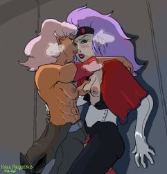2girls big_hair blush crossover crossover_pairing groping_breast heavy_metal_l-gaim metal_armor_dragonar partially_clothed pink_hair public_sex purple_hair sloppyheadwind yuri