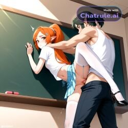 1girl against_wall ai_assisted ai_generated brown_eyes chalkboard checkered_skirt doggy_style doggy_style_sex dripping_pussy facing_forward forced from_behind hair_ornament hand_on_back hand_on_neck head_turned inoue_orihime looking_away looking_away_from_viewer looking_forward midriff navel no_panties orange_hair petite_girl plaid_skirt ponytail pressed_against_wall ribbon_in_hair sex_from_behind short_sleeves standing_sex straight sunlight turned viewed_from_below white_stockings white_tank_top window