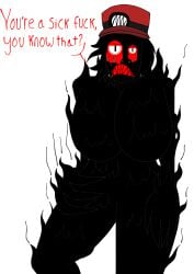 1boy angry black_body black_hair cocked_hip dark-skinned_male demon dialogue english_text facing_viewer fat_ass google_canvas hat huge_breasts incredibox incredibox_express incredibox_mod large_ass large_breasts long_fingers looking_at_viewer male_head/female_body male_with_breasts non-human pissed_off plain_background red_eyes red_teeth sharp_teeth simple_background solo solo_focus solo_male speaking speaking_to_viewer specter speech_bubble thick_thighs white_background