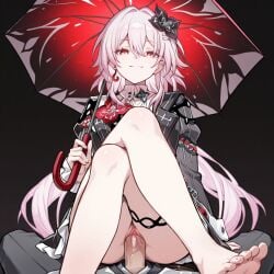 ai ai_art ai_generated cowgirl_position crossed_legs dressed evernight_(honkai:_star_rail) from_below honkai:_star_rail penis_in_pussy pink_hair raw_sex red_eyes removed_panties riding riding_penis smirk smirking_at_viewer thick_thighs umbrella visible_feet visible_penis