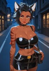 1girls ai_generated bandeau implied_prostitution latex latex_bandeau latex_clothing looking_at_viewer midriff night prostitution rwby shiny_hair shiny_skin sienna_khan skirt solo solo_female tagme
