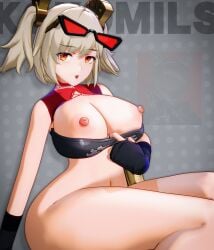 1girls 3d blonde_hair burnice_white exposed_breasts functionally_nude functionally_nude_female gloves goggles_on_head kokomils lifting_shirt looking_at_viewer puffy_nipples red_eyes simple_background solo solo_female thick_thighs watermark zenless_zone_zero