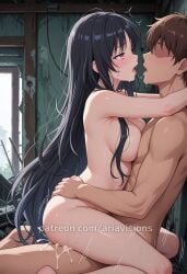 ai_generated ariavisions black_hair classroom_of_the_elite cum_inside drooling girl_on_top gradient_eyes horikita_suzune long_hair moaning multicolored_eyes red_eyes sex thread upright_straddle