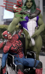 cock_out deadpool english english_text futa_on_male futanari hdregrets huge_cock large_penis larger_futa leotard marvel marvel_comics muscular muscular_futa sagging_balls she-hulk size_difference spider-man superhero superheroine text wheelchair
