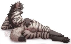 4_toes 5_fingers anthro anus backsack balls black_claws black_nose black_pawpads black_tail_tip butt butteredshep claws digital_media_(artwork) dipstick_tail ear_piercing ear_ring feet finger_claws fingers fluffy fluffy_tail fur genitals green_eyes grey_balls grey_body grey_fur grey_pawpads hand_on_butt hyena looking_at_viewer lying male male/male mammal markings nude on_side pawpads paws perineum piercing rear_view ring_piercing simple_background solo spread_anus spreading striped_body striped_fur striped_hyena stripes tail tail_markings toe_claws toes white_background white_body white_fur white_tail