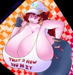 1girl 1girls 2026 arm_rings auburn_hair cap curvaceous curvy ear_piercing earrings friday_night_funkin girlfriend_(friday_night_funkin) gold_jewelry huge_breasts hyper hyper_breasts ill_fitting_clothing jewelry lucrax7898 sunglasses tanktop text_on_clothing text_on_topwear watermark