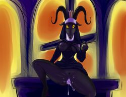 anthro areola baphomet breasts caprine clothed clothing cum cum_in_pussy cum_inside cum_leaking demon female goat horizontal_pupils horn inviting looking_at_viewer mammal nipples nun pussy sitting solo somalisalamder torn_clothing