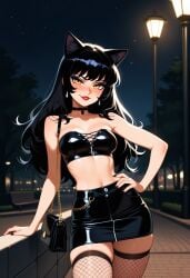 1girls ai_generated bandeau blake_belladonna implied_prostitution latex latex_bandeau latex_clothing looking_at_viewer midriff night prostitution rwby shiny_hair shiny_skin skirt solo solo_female tagme