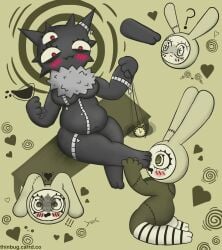 belly beverage blush bodily_fluids breasts clock clothing drooling duo featureless_breasts feet female female/female foot_fetish foot_focus hi_res humanoid hypnosis lagomorph legwear leporid mammal mind_control paw_in_face plushie pocketwatch rabbit saliva stitch_(sewing) thigh_highs thinbug watch zipper