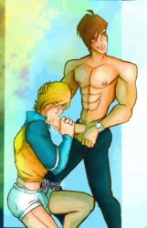 2boys abs blonde_hair blowjob_face blue_background brandon_(winx_club) brown_hair bulge closed_eyes cock_gobble cock_hungry cum_hungry cum_in_mouth english_text erect_nipples erection gay giving_head going_down_on hand_on_head holding_penis knob_polishing large_penis looking_away male male_only oral oral_sex orgasm_from_oral pants_open pecs penis penis_in_mouth penis_out penis_under_clothes phausto princexvx shorts sky_(winx_club) stealth_fellatio sucking sucking_off winx_club wristwatch yaoi