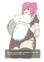1girls absolute_territory akeggle big_breasts blue_eyes clothed clothing early_pregnancy female female_only hazumi hazumi_and_the_pregnation maid maid_uniform navel navel_visible_through_clothes oblivious_to_impregnation panties pink_hair ponytail pregnant skindentation thighhighs waitress
