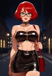 1girls ai_generated bandeau implied_prostitution latex latex_bandeau latex_clothing looking_at_viewer midriff night prostitution pyrrha's_mom rwby shiny_hair shiny_skin skirt solo solo_female tagme