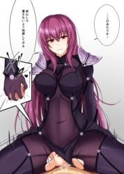 1boy ballbusting bangs blush bodysuit bondage breasts censored covered_navel cowgirl_position cum cum_in_pussy fate/grand_order fate_(series) female highres large_breasts long_hair mosaic_censoring motion_lines parted_lips pauldrons piro_(iiiiiiiiii) pov_crotch purple_bodysuit purple_hair red_eyes scathach_(fate) sex smile solo_focus spread_legs straddling testicle_grab text torn_bodysuit torn_clothes translation_request very_long_hair