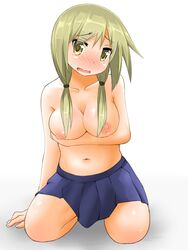 arm_support artist_request blonde_hair blue_skirt blush breasts clothing collarbone embarrassed female ichii_yui large_breasts looking_at_viewer navel nipples pleated_skirt shadow simple_background skirt solo tied_hair topless twintails wariza wavy_mouth white_background yellow_eyes yuyushiki