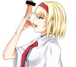 alice_margatroid ballbusting bangs bar_censor biting blonde_hair blue_eyes breasts capelet censored cock_and_ball_torture disembodied_penis female from_side nail_polish neck_ribbon open_mouth penis pink_nails piro_(iiiiiiiiii) profile red_ribbon ribbon short_hair solo testicle_biting touhou upper_body