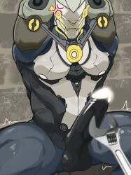absurd_res angry balls banyue_(zenless_zone_zero) black_body butt crouching digital_media_(artwork) erection genitals hair hi_res humanoid humanoid_genitalia humanoid_penis ice_cloth looking_at_viewer machine male male/male mihoyo mostly_nude muscular muscular_male nipples not_furry nude penis robot robot_anthro robot_humanoid simple_background solo spread_legs spreading tail yue zenless_zone_zero
