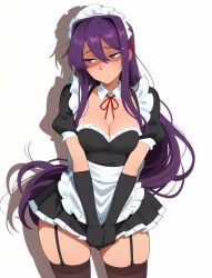 1female 1girl 1girls 2026 ai ai-created ai_art ai_generated big_breasts boobs breasts ddlc doki_doki_literature_club female female_focus female_only human human_only light-skinned_female light_skin looking_at_viewer looking_away maid maid_headdress maid_outfit maid_skirt maid_stockings maid_uniform open_eyes purple_eyes purple_hair shadow shy shy_female shy_girl stockings team_salvato yuri_(doki_doki_literature_club)