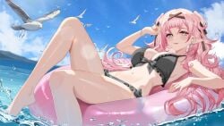 1girl 1girls absurdres beastiez big_breasts bikini bird black_bikini black_ribbon blue_eyes blue_sky bracelet breasts cheese_art_studio cleavage commentary earrings english_commentary feet female frilled_bikini frills hair_ribbon highres jewelry legs long_hair looking_at_viewer multicolored_eyes navel outdoors pink_eyes pink_hair pointy_ears ribbon sky smile solo swimsuit thighs tits tori_oriane virtual_youtuber vtuber water