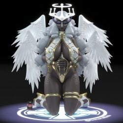 3d angel angel_wings christian_cross closed_eyes dark_skin freckles generalbuta high_heels kneeling sera_(hazbin_hotel)
