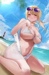 1girl bare_arms bare_shoulders beach bikini blonde_hair blue_sky blush breasts cleavage closed_mouth cloud commentary_request eyewear_on_head goddess_of_victory:_nikke highres huge_breasts lighthouse long_hair looking_at_viewer navel ocean official_alternate_costume outdoors purple-tinted_eyewear sarong sitting sky smile sunglasses swimsuit tia_(nikke) tinted_eyewear wariza water white-framed_eyewear white_bikini white_sarong