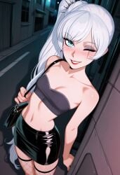 1girls ai_generated bandeau implied_prostitution latex latex_bandeau latex_clothing looking_at_viewer midriff night prostitution rwby shiny_hair shiny_skin skirt solo solo_female tagme weiss_schnee