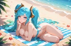 1girls ai_generated beach blue_eyes blue_hair breasts hair_ornament heavenly_art large_breasts league_of_legends lying_on_stomach nude pussy riot_games solo sona_(league_of_legends) sona_buvelle thigh_gap