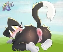 3_toes anthro anus big_anus blush butt cloud domestic_cat feet felid feline felis female genitals grass guppy_(tboi) happy hi_res looking_at_viewer looking_back mammal open_mouth outside plant rear_view sharp_fangs solo tail the_binding_of_isaac_(series) toes vulva vytelux yellow_eyes