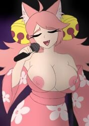 1girls areolae breasts breasts_out clothed clothed_female deltarune deltarune_chapter_5 female female_only holding holding_microphone kimono mad_mew_mew mew_mew_(undertale) mew_mew_kissy_cutie microphone nipples open_mouth open_smile pink_(deltarune) singing smile solo solo_female undertale uzunote